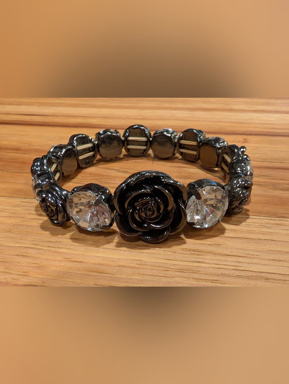 Source Unknown Black Rose and Clear Crystal Stretch Bracelet - Women Jewelry